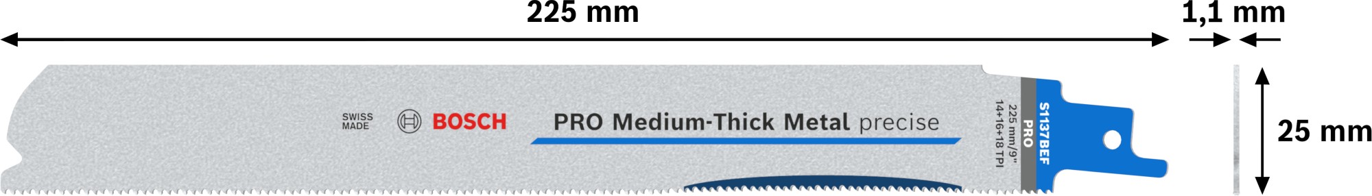 Hoja PRO Medium-Thick Metal precise S1137BEF, 1,1 x 25 x 225 mm, 5 uds.