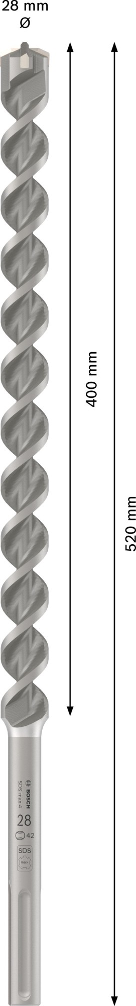 Broca para martillo PRO SDS max-4, 28 x 400 x 520 mm
