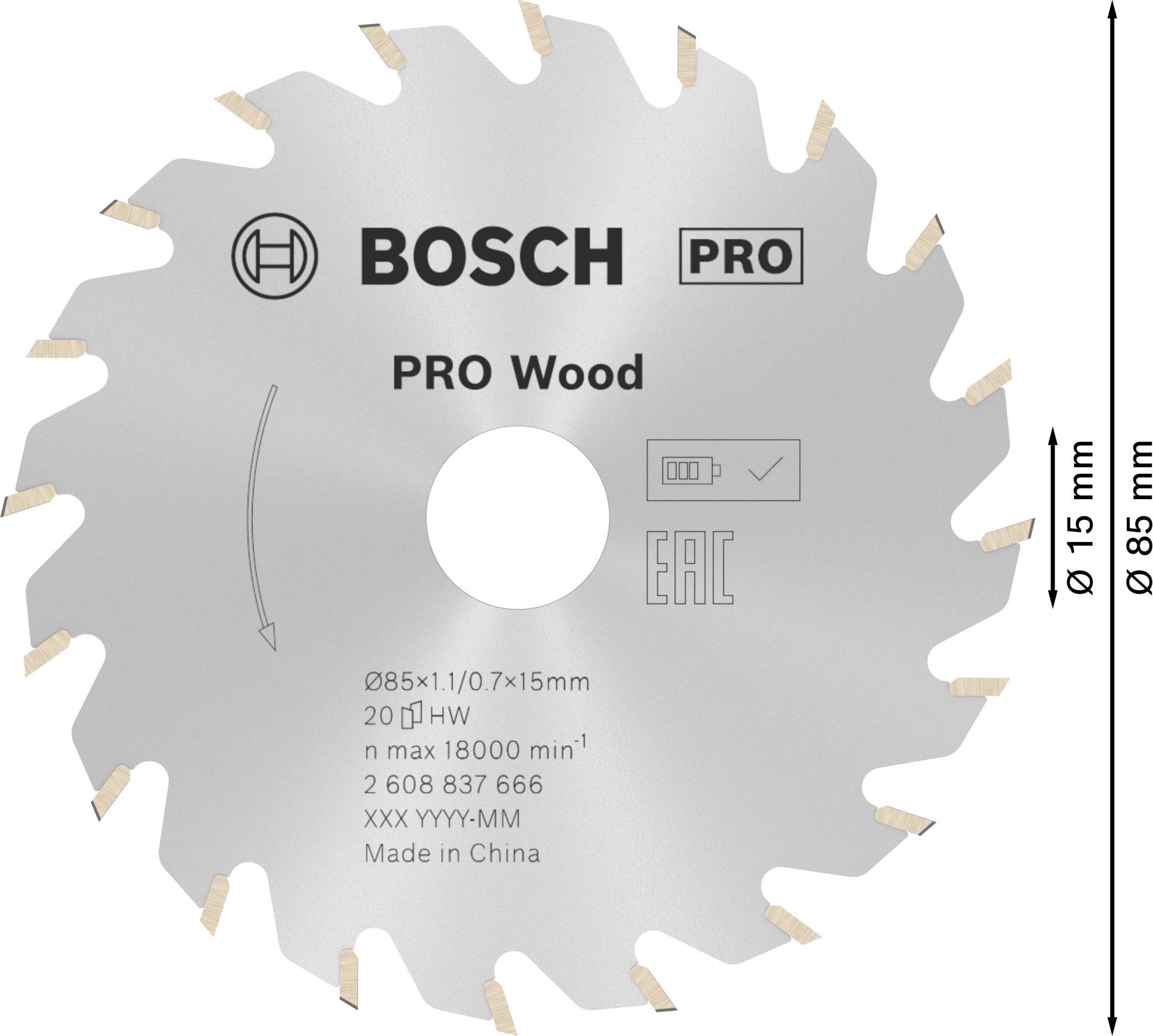 Hoja de sierra circular PRO Wood cordless, 85 x 1,1 x 15 mm