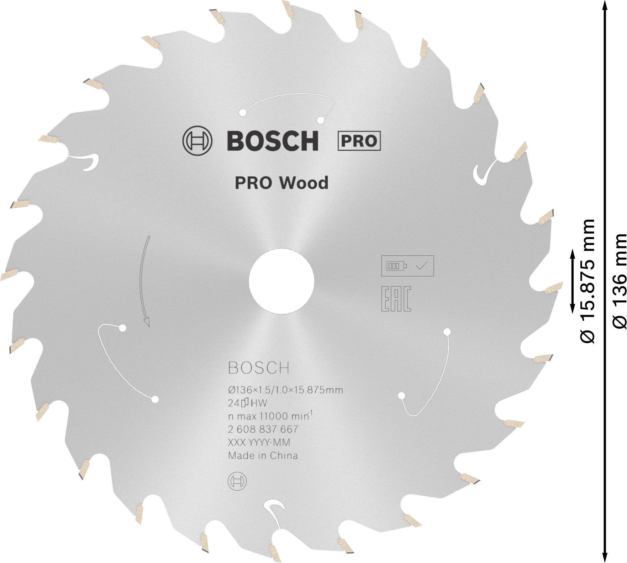 Hoja de sierra circular PRO Wood cordless, 136 x 1,5 x 15,875 mm