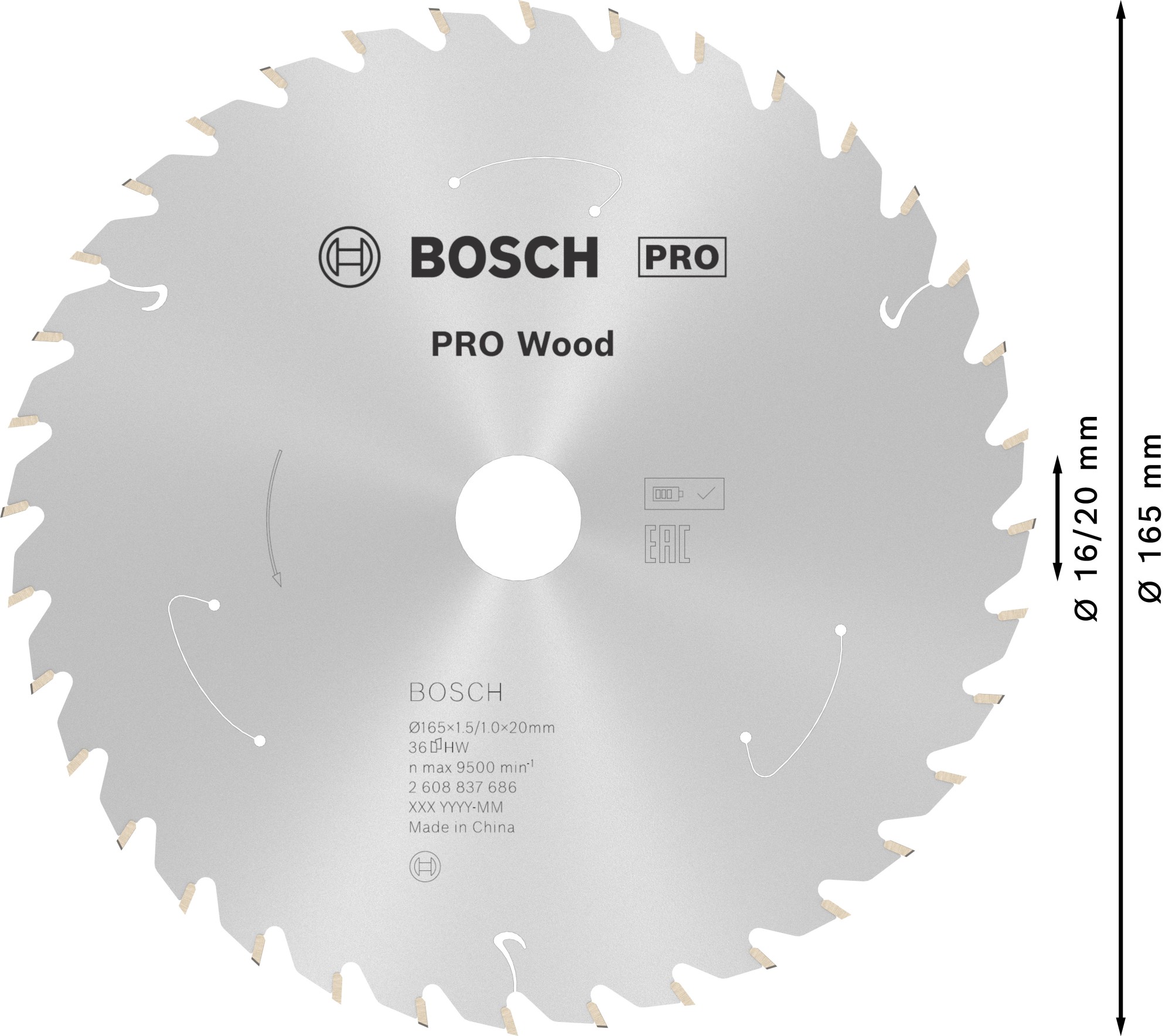 Hoja de sierra circular PRO Wood cordless, 165 x 1,5 x 20 mm, T36