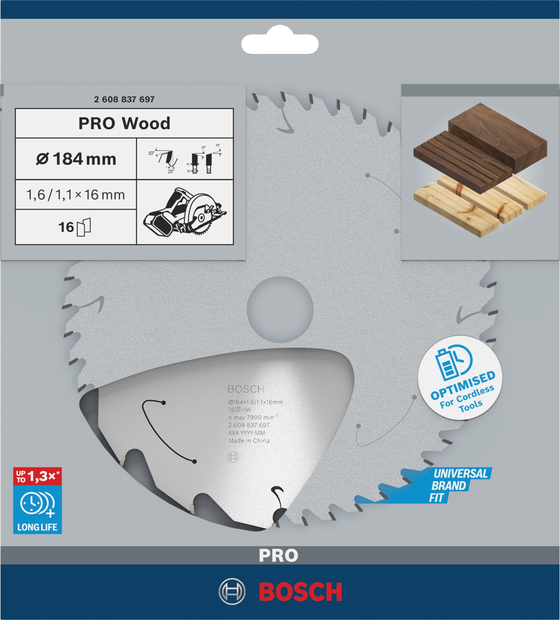 Hoja de sierra circular PRO Wood cordless, 184 x 1,6 x 16 mm, T16