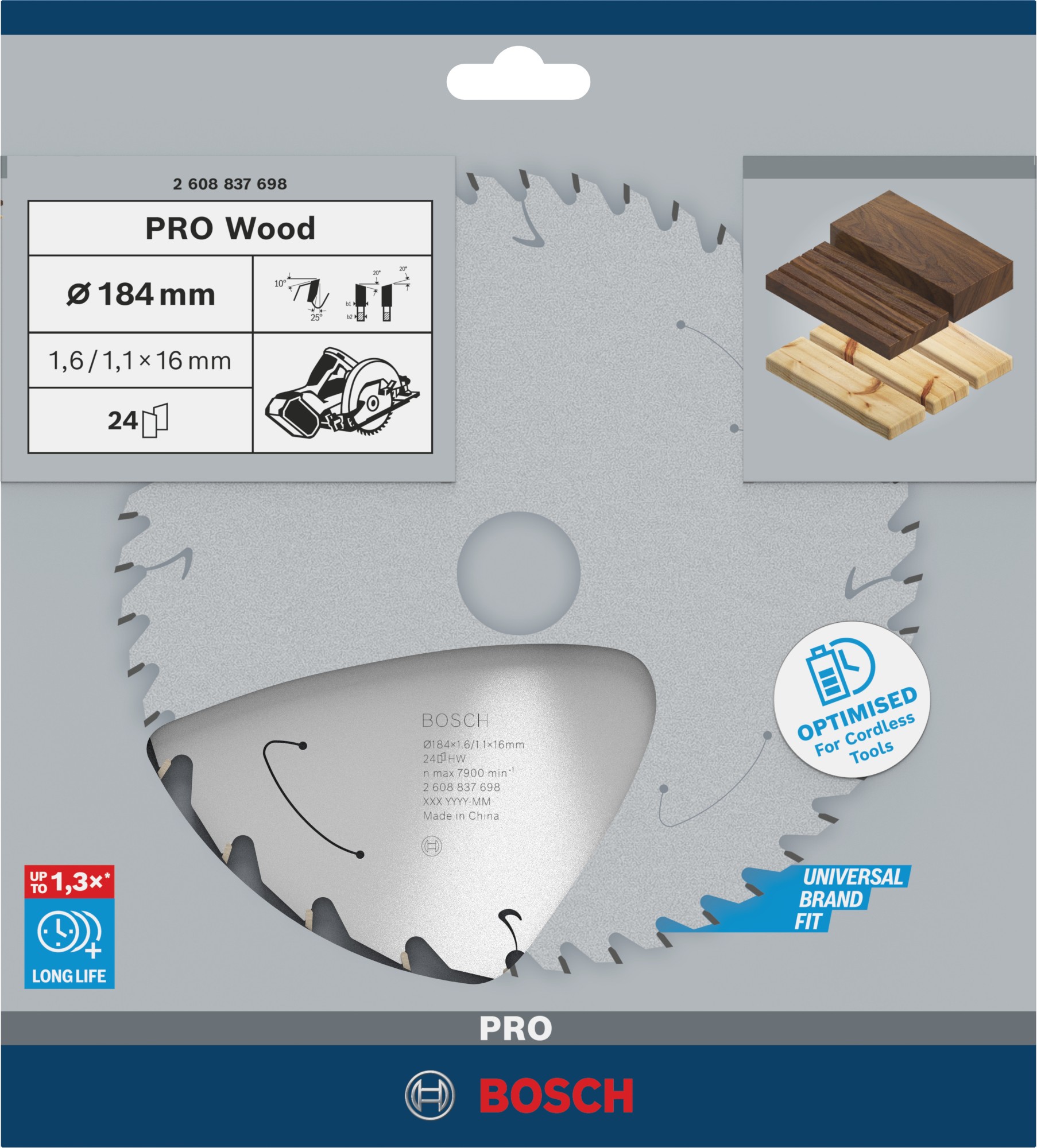 Hoja de sierra circular PRO Wood cordless, 184 x 1,6 x 16 mm, T24