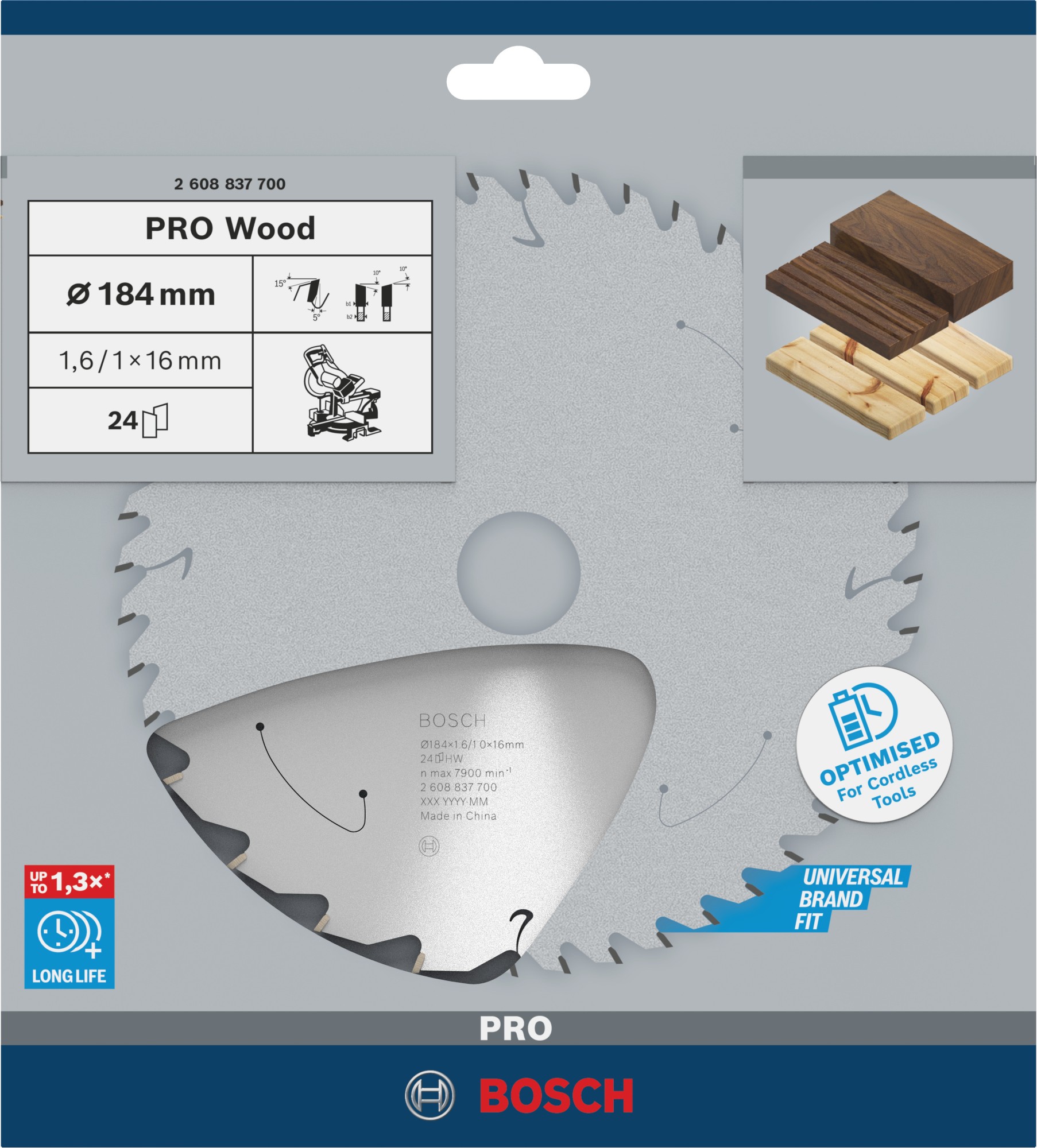 Hoja de sierra circular PRO Wood cordless, 184 x 1,6 x 16 mm, T24