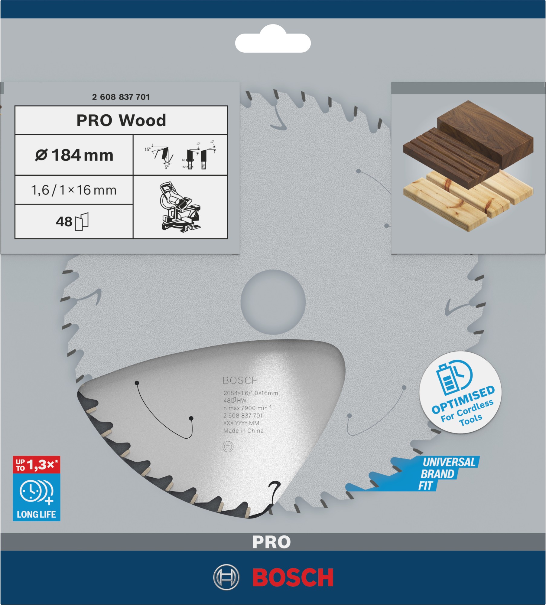 Hoja de sierra circular PRO Wood cordless, 184 x 1,6 x 16 mm, T48