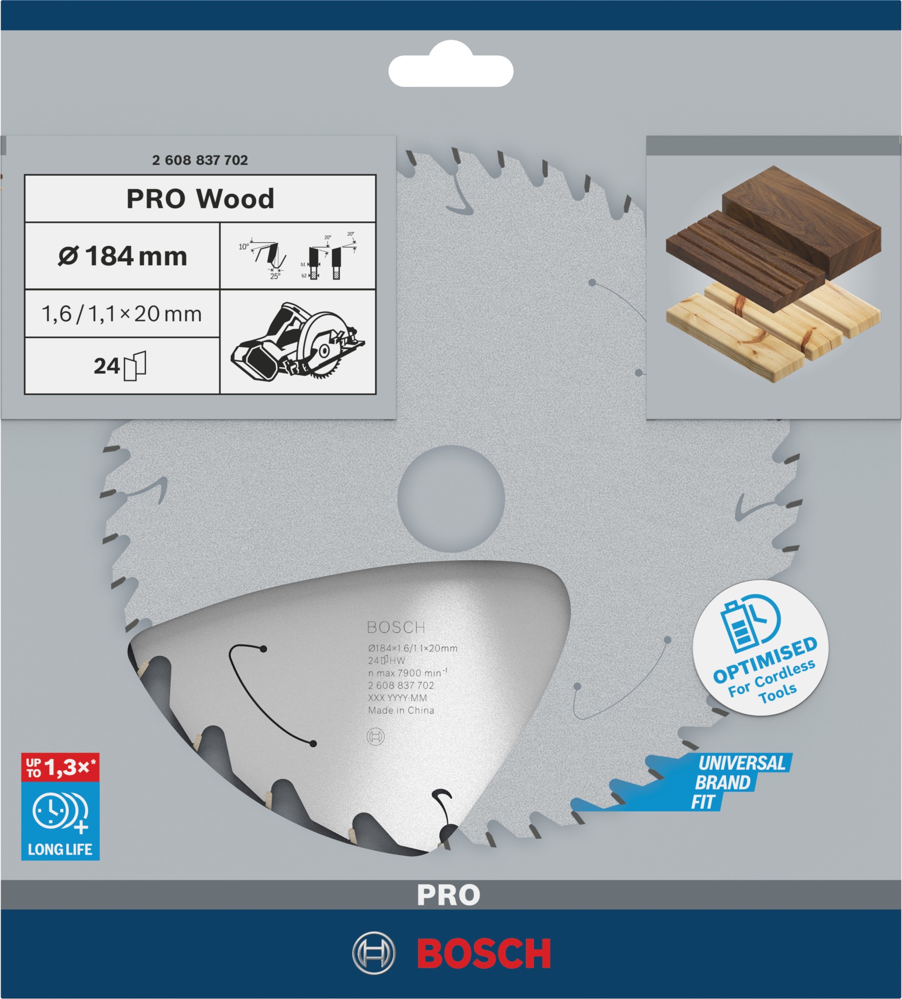 Hoja de sierra circular PRO Wood cordless, 184 x 1,6 x 20 mm, T24