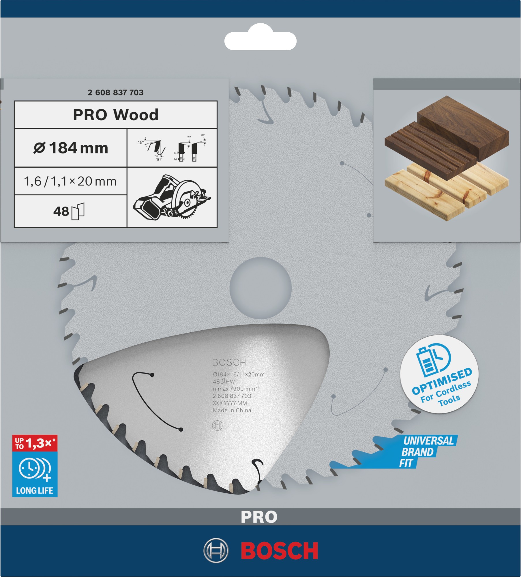 Hoja de sierra circular PRO Wood cordless, 184 x 1,6 x 20 mm, T48