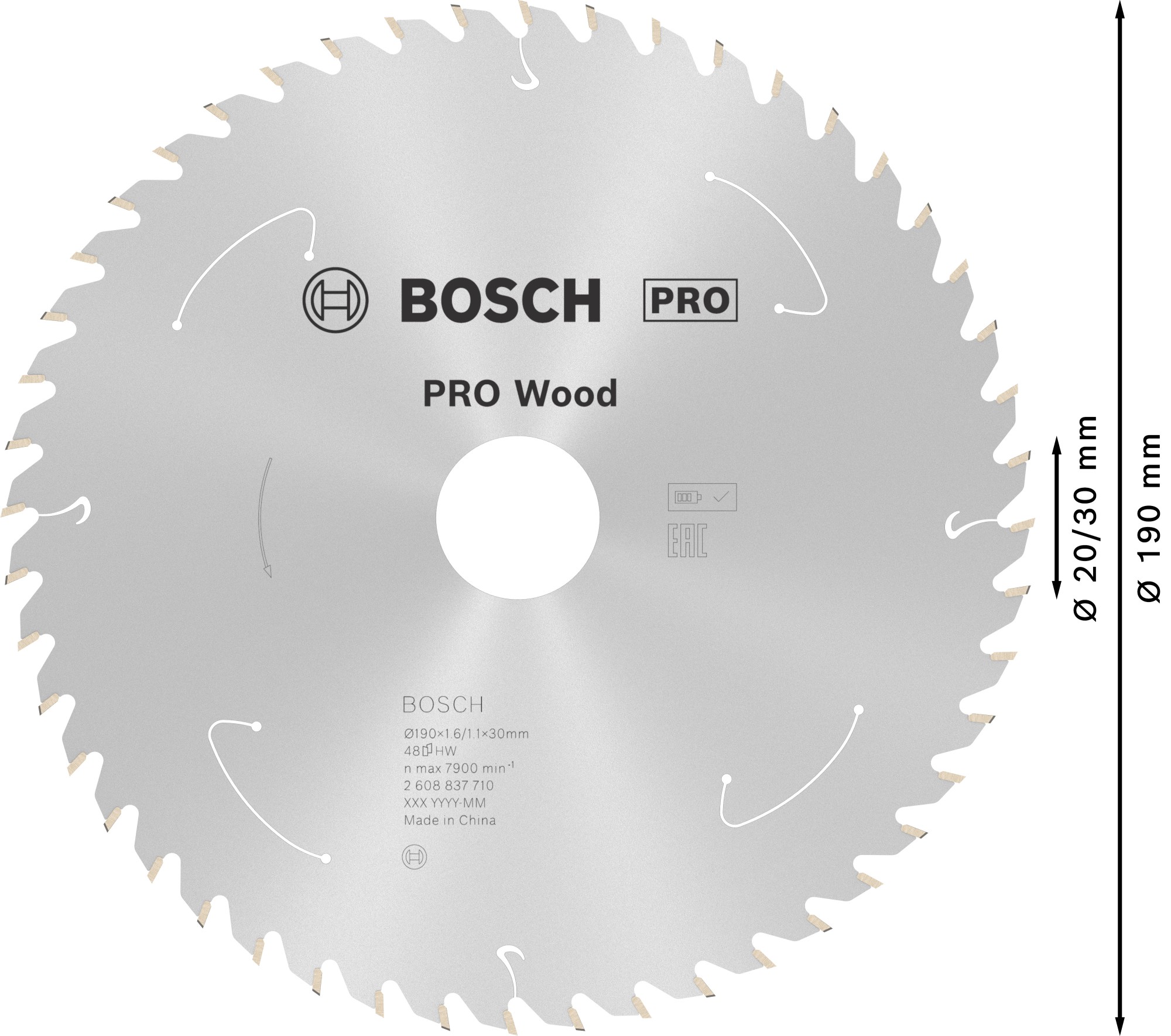 Hoja de sierra circular PRO Wood cordless, 190 x 1,6 x 30 mm, T48