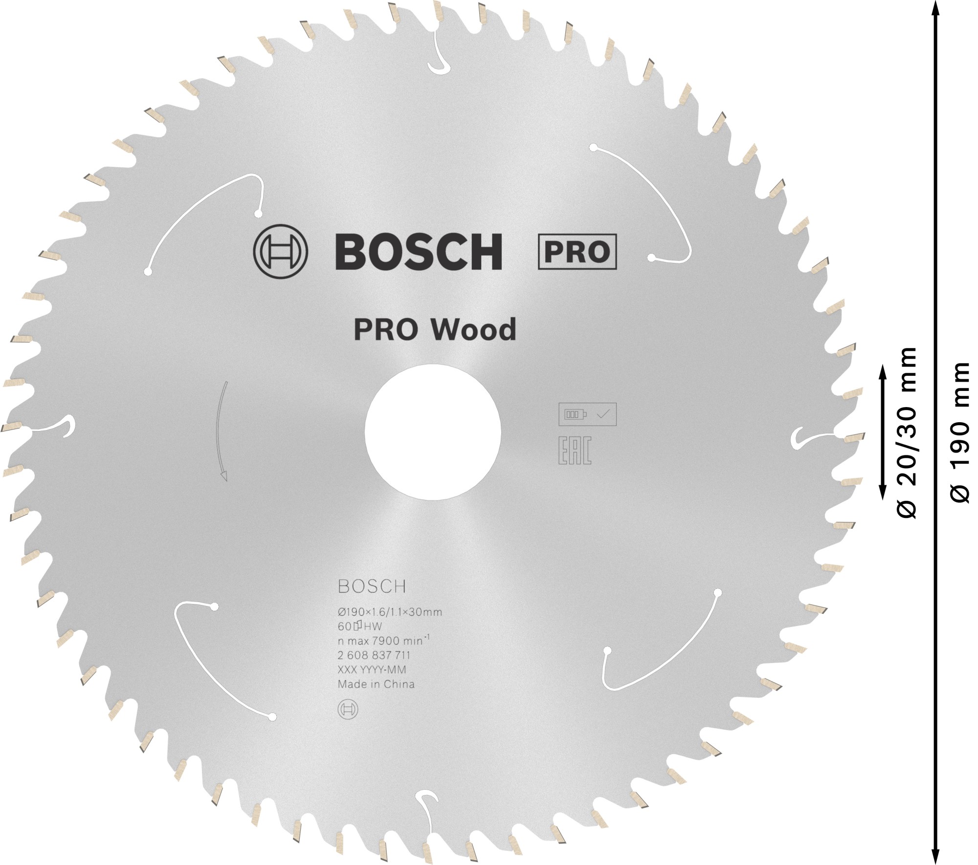 Hoja de sierra circular PRO Wood cordless, 190 x 1,6 x 30 mm, T60