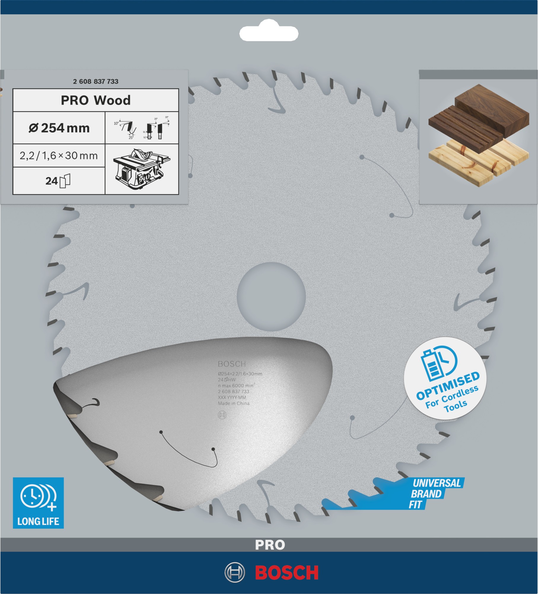 Hoja de sierra circular PRO Wood cordless, 254 x 2,2 x 30 mm, T24