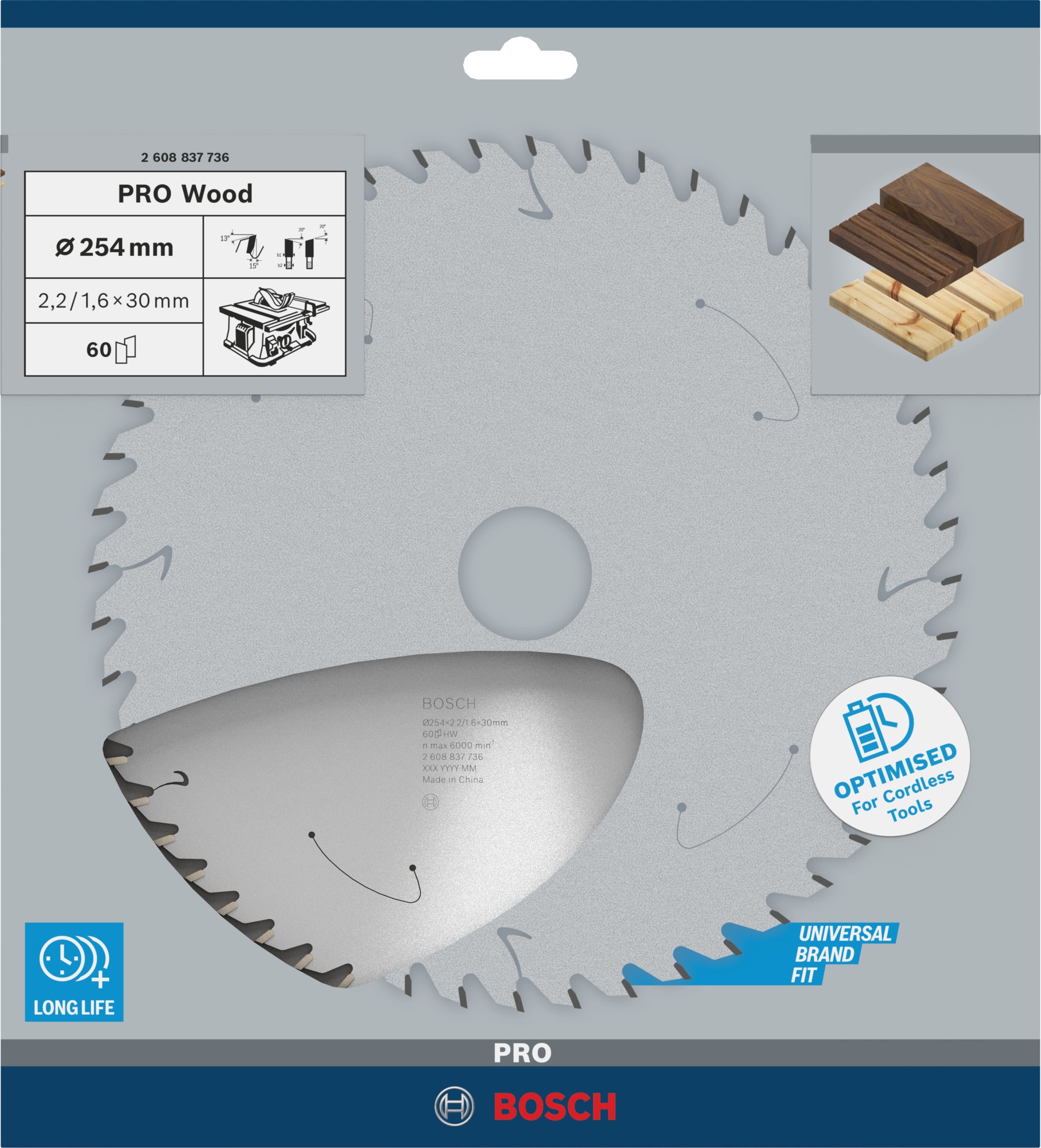 Hoja de sierra circular PRO Wood cordless, 254 x 2,2 x 30 mm, T60