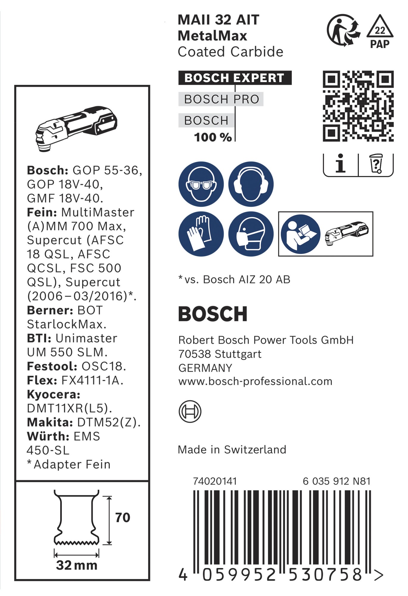 10 hojas de multiherramienta EXPERT MetalMax MAII 32 AIT de 70 x 32 mm