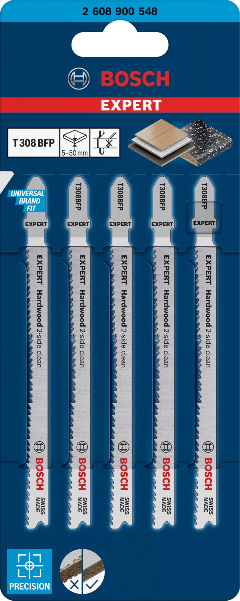 Hoja de sierra de calar EXPERT Hardwood 2-side clean T308BFP, 5 uds.