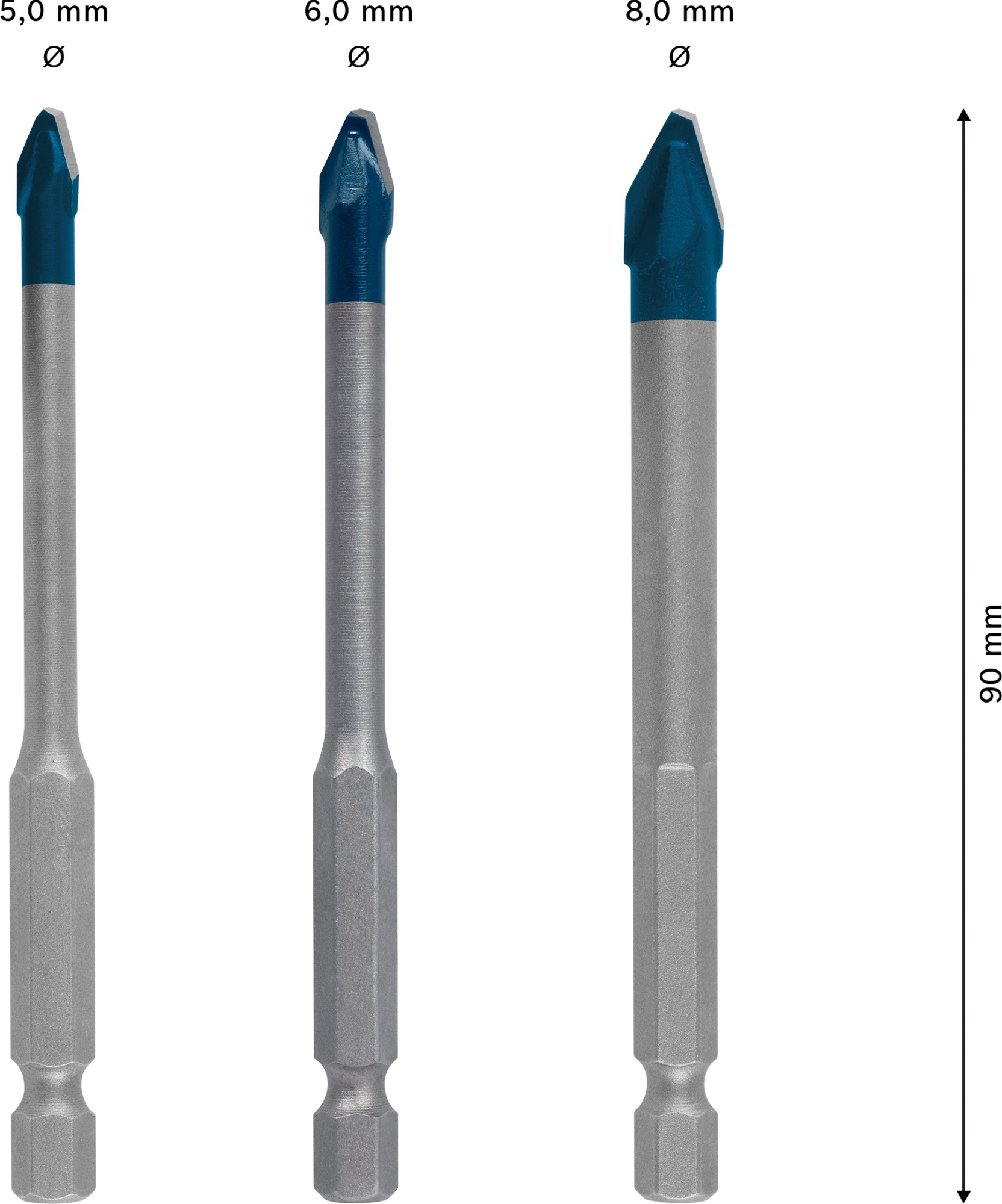 Set de brocas EXPERT Hard Ceramic HEX-9, 5 x 90, 6 x 90, 8 x 90 mm, 3 unidades