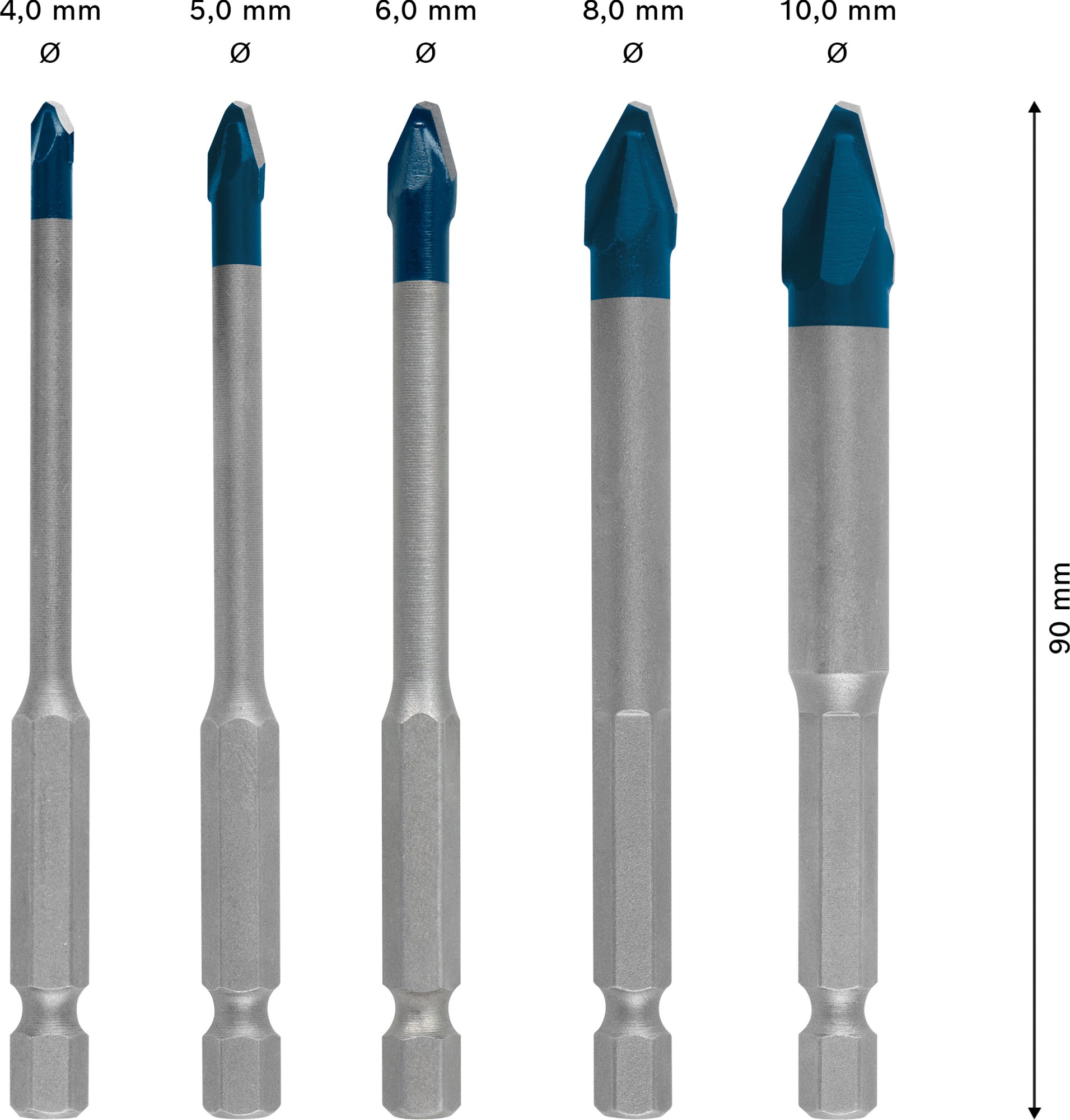 Set de brocas EXPERT HEX-9 Hard Ceramic, 4 x 90; 5 x 90; 6 x 90; 8 x 90; 10 x 90 mm, 5 unidades