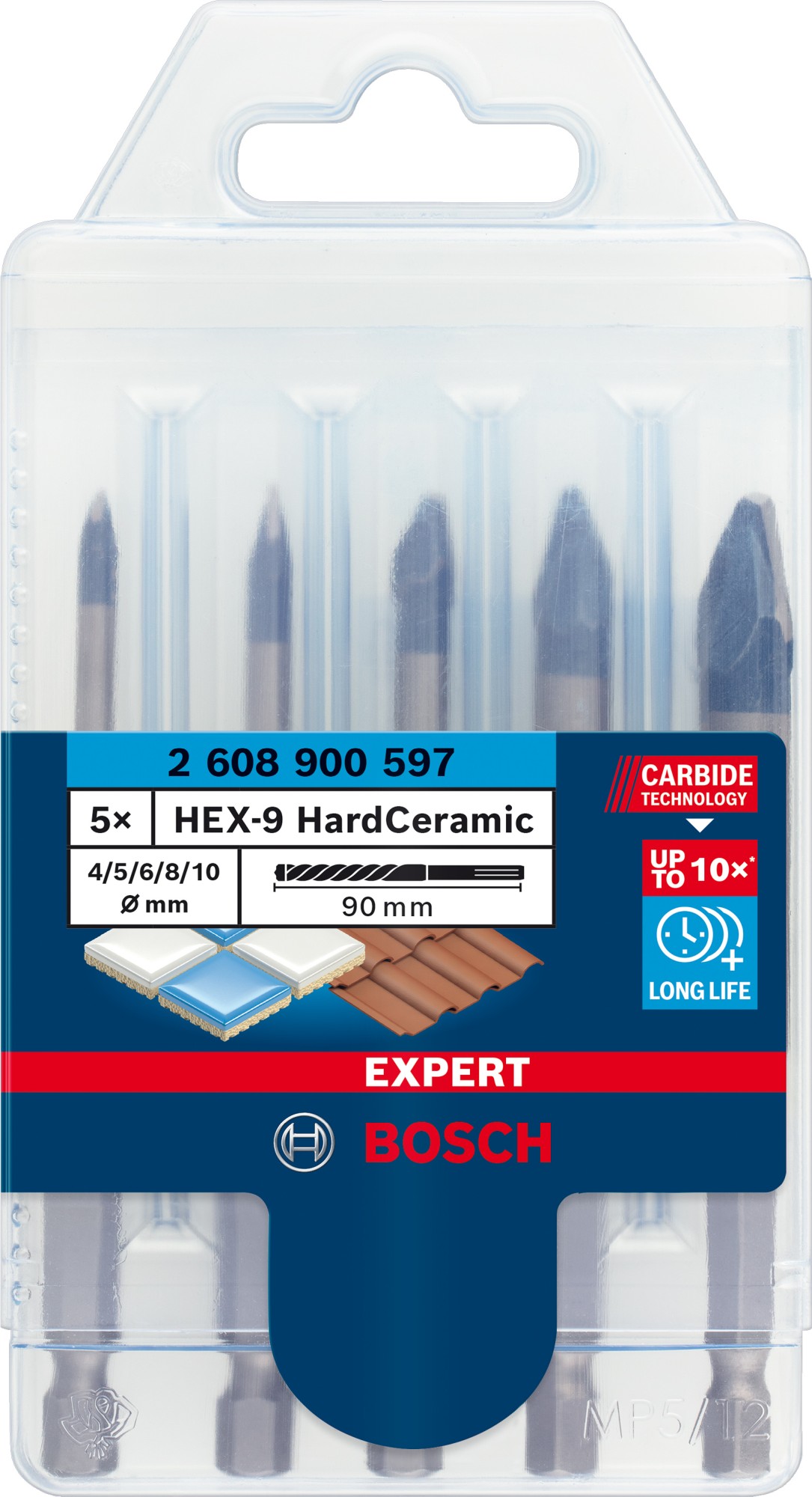 Set de brocas EXPERT HEX-9 Hard Ceramic, 4 x 90; 5 x 90; 6 x 90; 8 x 90; 10 x 90 mm, 5 unidades