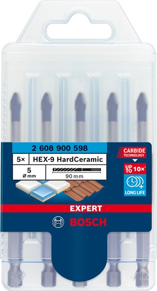 Set de brocas para tejas EXPERT HEX-9 Hard Ceramic de 5 mm, 5 unidades