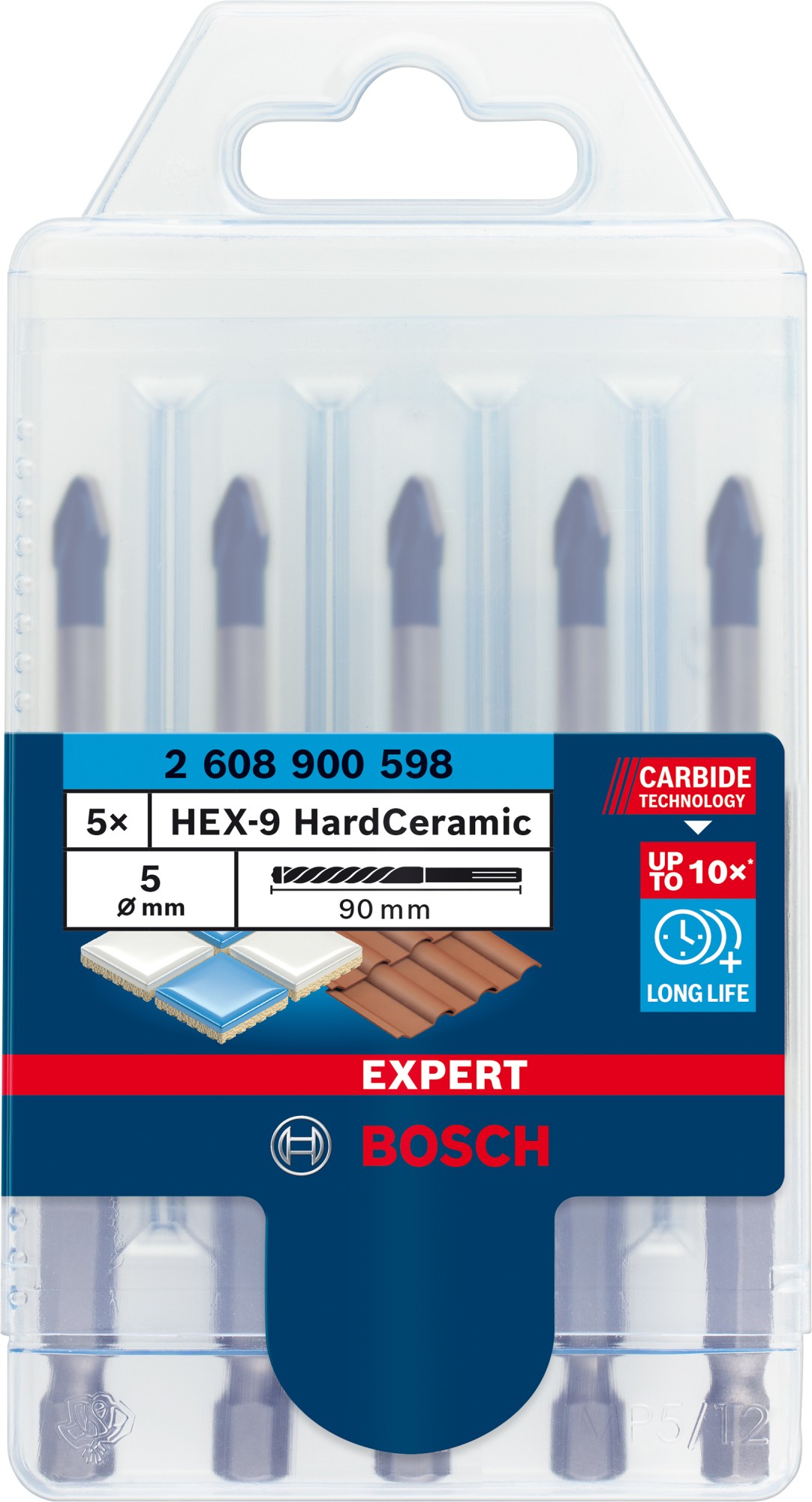 Set de brocas para tejas EXPERT HEX-9 Hard Ceramic de 5 mm, 5 unidades