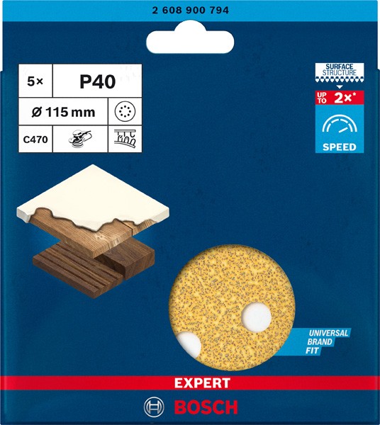Papel de lija EXPERT C470 con 8 orificios para lijadoras excéntricas de 115 mm, G 40, 5 unidades
