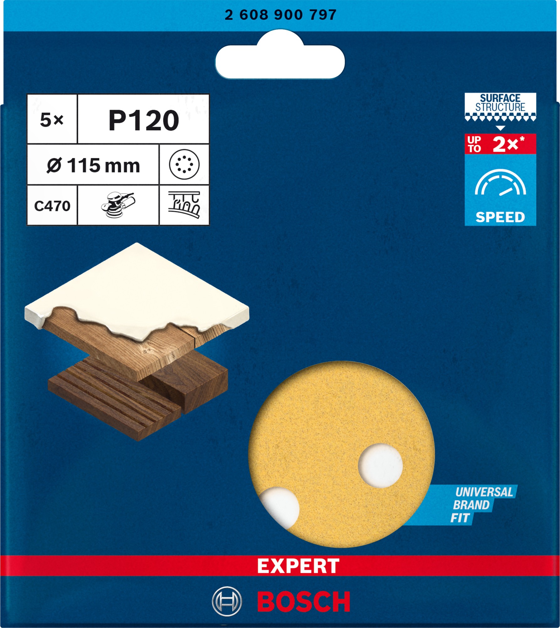 Papel de lija EXPERT C470 con 8 orificios para lijadoras excéntricas de 115 mm, G 120, 5 unidades