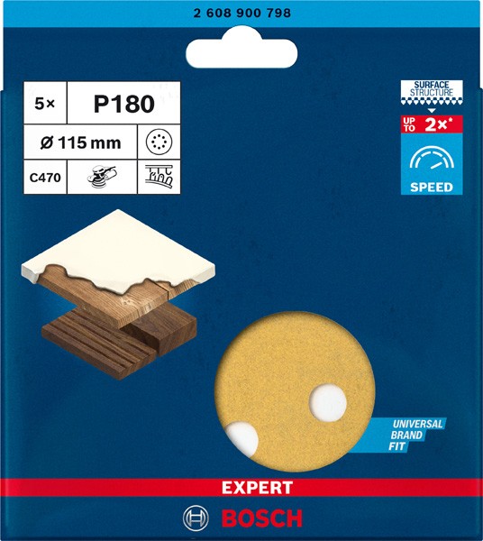 Papel de lija EXPERT C470 con 8 orificios para lijadoras excéntricas de 115 mm, G 180, 5 unidades