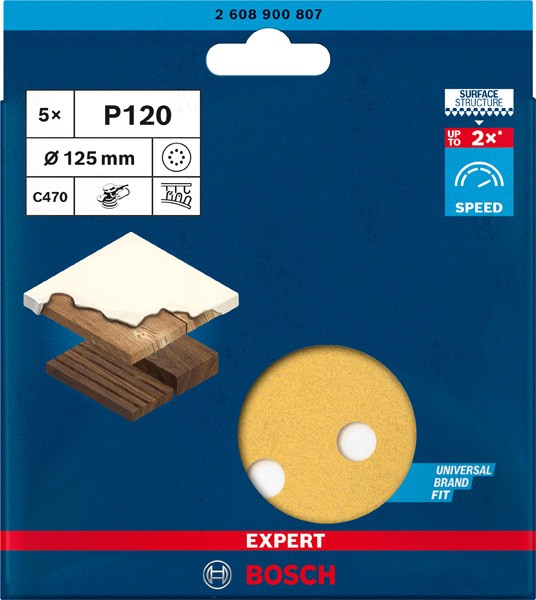 Papel de lija EXPERT C470 con 8 orificios para lijadoras excéntricas de 125 mm, G 120, 5 unidades
