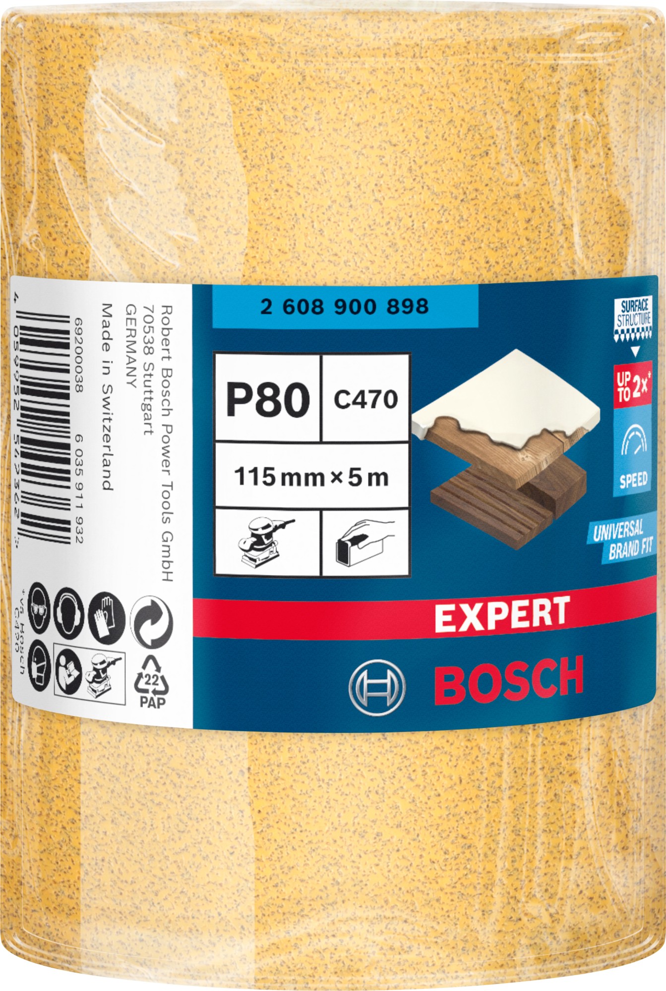 Rollo de papel de lija EXPERT C470 para lijado manual de 115 mm, 5 m, G 80