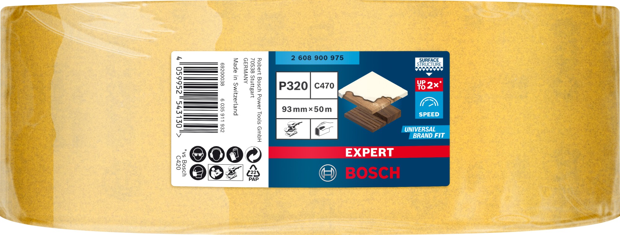 Rollo de papel de lija EXPERT C470 para lijado manual de 93 mm x 50 m, G 320