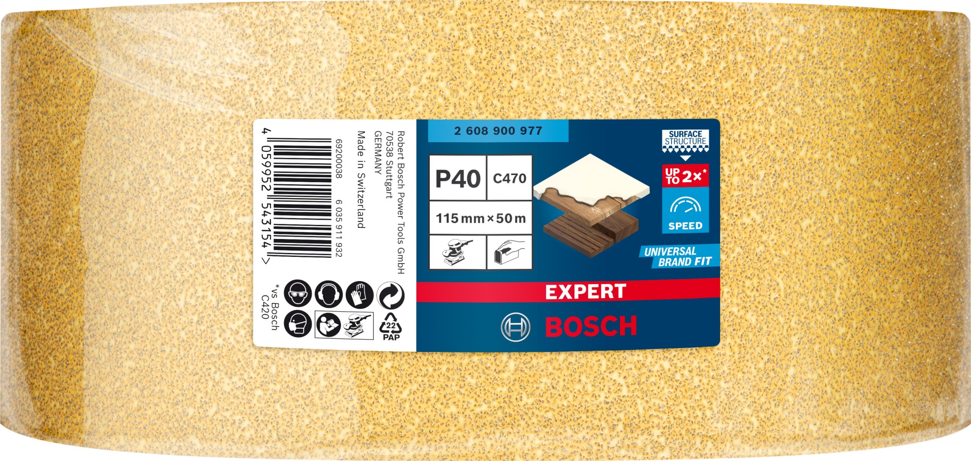 Rollo de papel de lija EXPERT C470 para lijado manual de 115 mm x 50 m, G 40