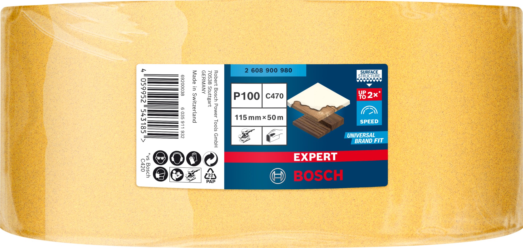 Rollo de papel de lija EXPERT C470 para lijado manual de 115 mm x 50 m, G 100