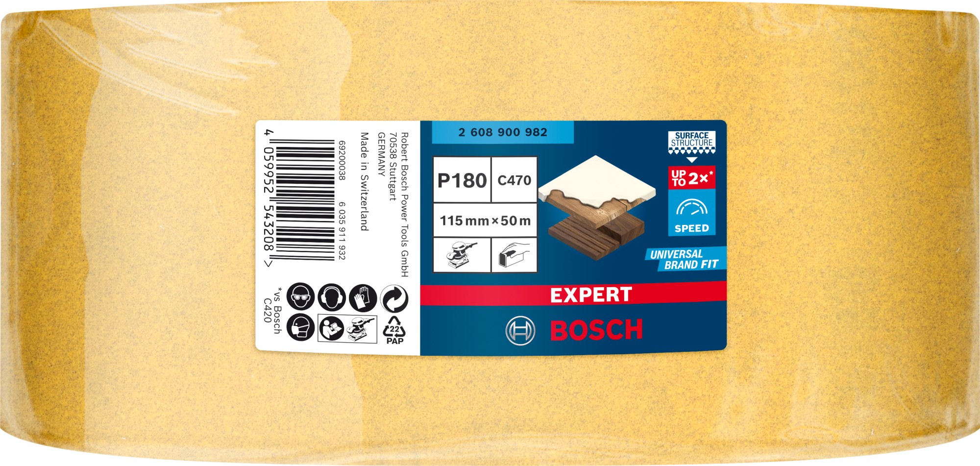 Rollo de papel de lija EXPERT C470 para lijado manual de 115 mm x 50 m, G 180