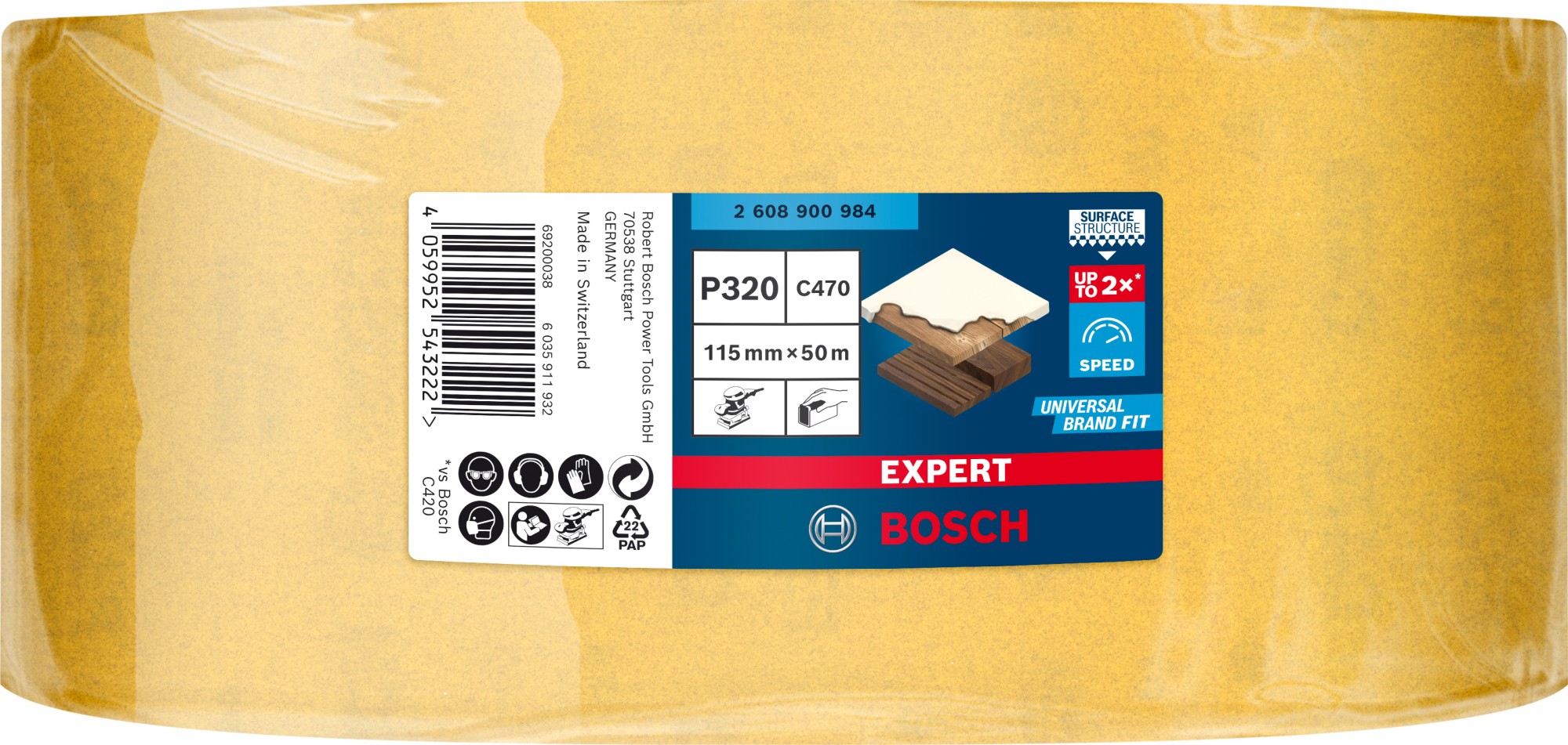 Rollo de papel de lija EXPERT C470 para lijado manual de 115 mm x 50 m, G 320