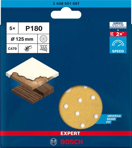 Papel de lija EXPERT C470 multiperforado para lijadoras excéntricas de 125 mm, G 180, 5 unidades