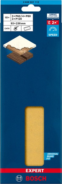 Set de papel de lija EXPERT C470 para lijadoras orbitales de 93 x 230 mm, G 3x60/4x80/3x120, 10 unidades
