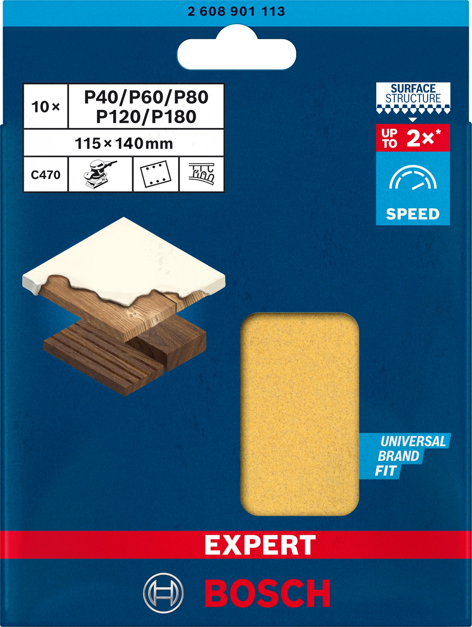 Set de papel de lija EXPERT C470 para lijadoras orbitales de 115 x 140 mm, G 2x40/2x60/2x80/2x120/2x180, 10 unidades