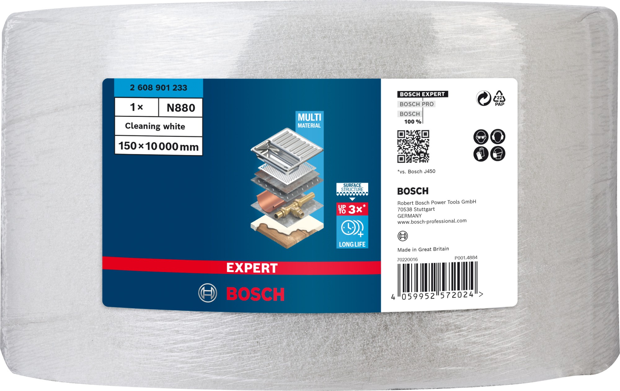 Rollo de vellón EXPERT N880 para lijado manual de 150 mm x 10 m, limpieza