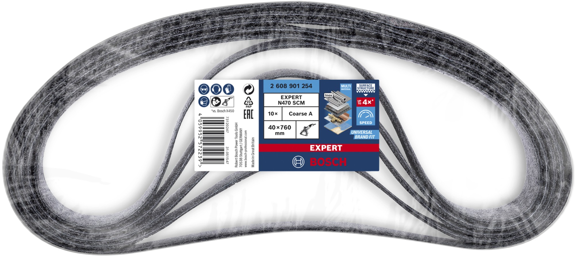 Banda de lija EXPERT N470 para lijadoras de banda de 40 x 760 mm, gruesa, 10 unidades