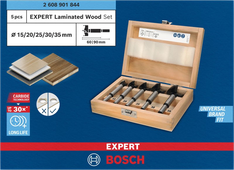 Set de brocas de corte para bisagras EXPERT para madera laminada, 15; 20; 25; 30; 35 x 60 x 90 mm, 5 unidades