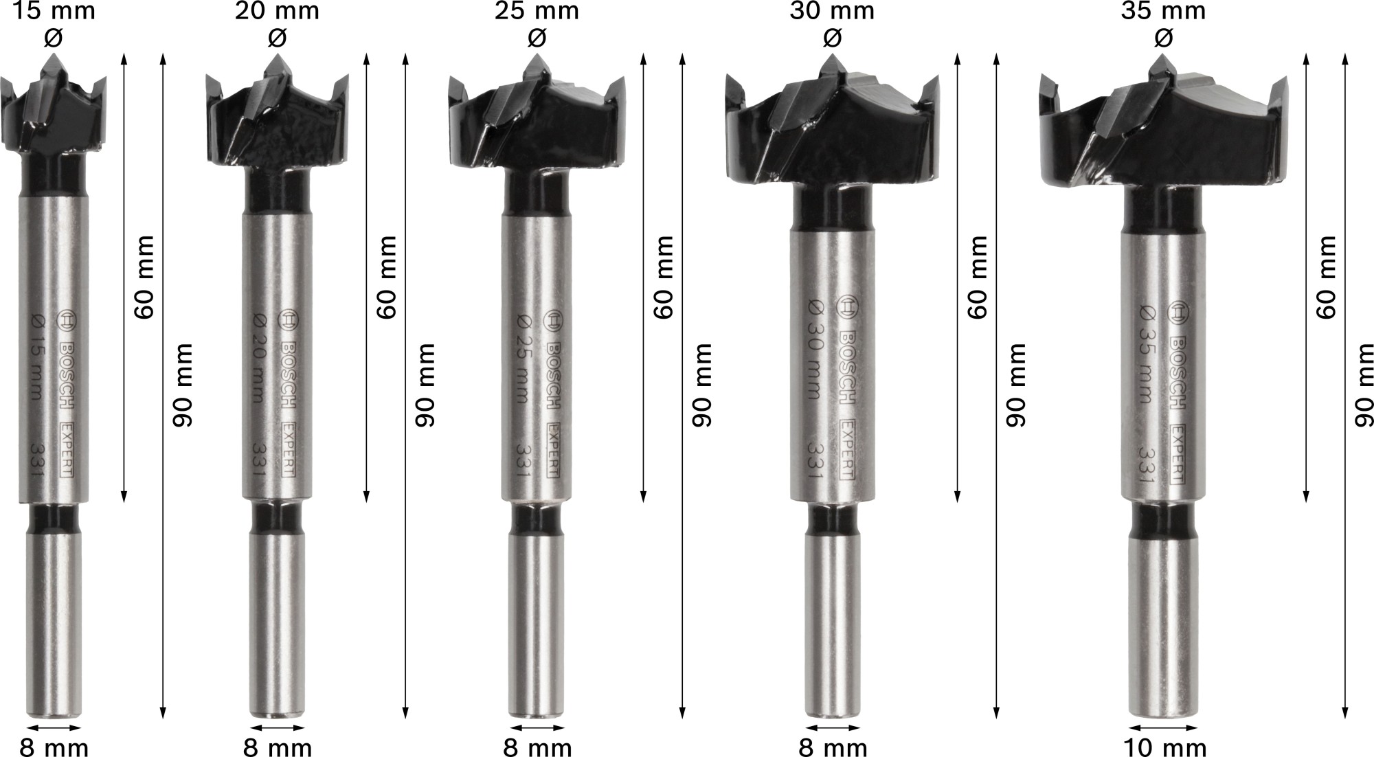 Set de brocas de corte para bisagras EXPERT para madera laminada, 15; 20; 25; 30; 35 x 60 x 90 mm, 5 unidades
