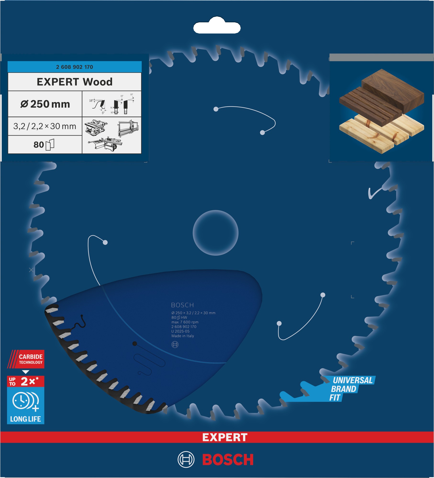 Hoja de sierra circular EXPERT Wood, 250 x 3,2/2,2 x 30 mm, T80