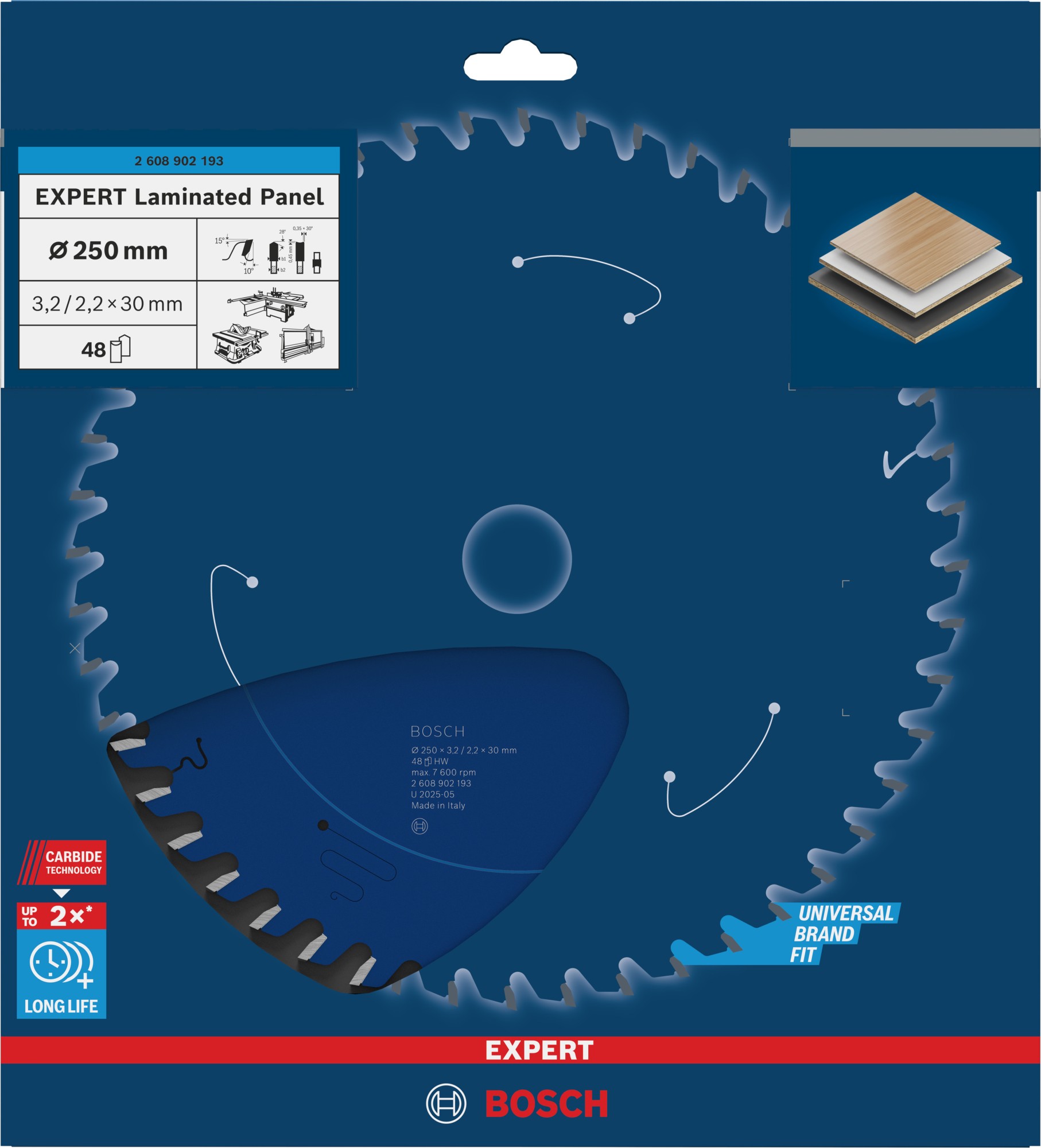 Hoja de sierra circular EXPERT Laminated Panel, 250 x 3,2/2,2 x 30 mm, T48