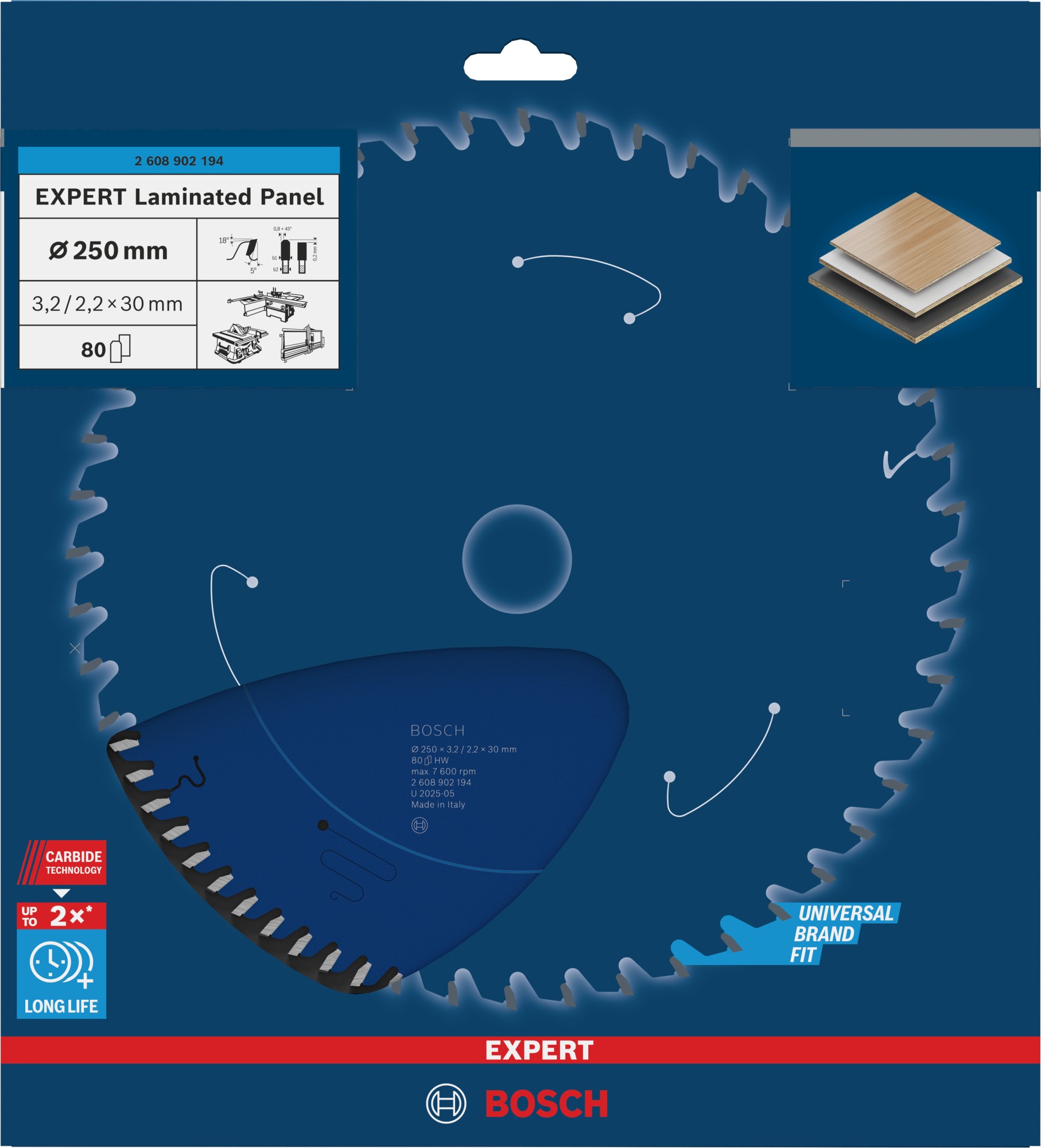 Hoja de sierra circular EXPERT Laminated Panel, 250 x 3,2/2,2 x 30 mm, T80