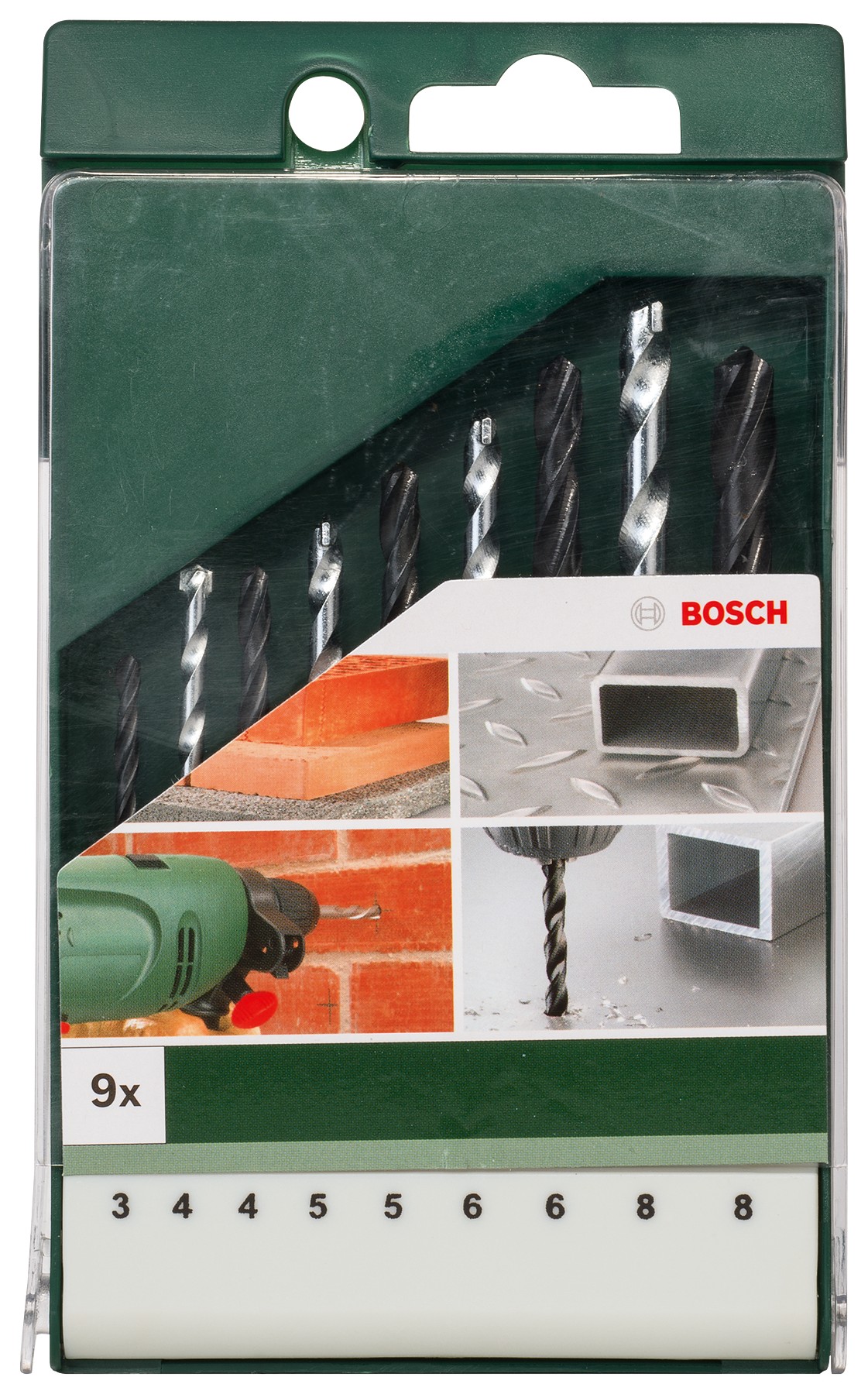 Set de 9 brocas para metal y piedra. 3,0 mm x 61 mm; 4,0 mm x 75 mm; 5,0 mm x 86 mm; 6,0 mm x 93 mm; 8,0 mm x 117 mm; 4,0 mm x 75 mm; 5,0 mm x 85 mm; 6,0 mm x 1