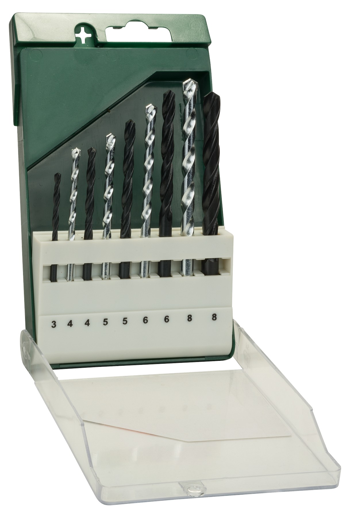 Set de 9 brocas para metal y piedra. 3,0 mm x 61 mm; 4,0 mm x 75 mm; 5,0 mm x 86 mm; 6,0 mm x 93 mm; 8,0 mm x 117 mm; 4,0 mm x 75 mm; 5,0 mm x 85 mm; 6,0 mm x 100 mm; 8,0 mm x 120 mm