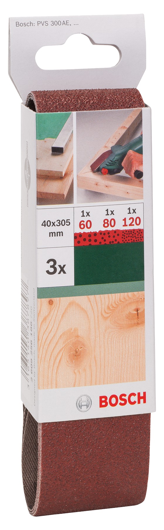 Set de hojas de lija de 3 piezas para lijadora minibanda de Bosch, calidad rojaG = 60 - 120