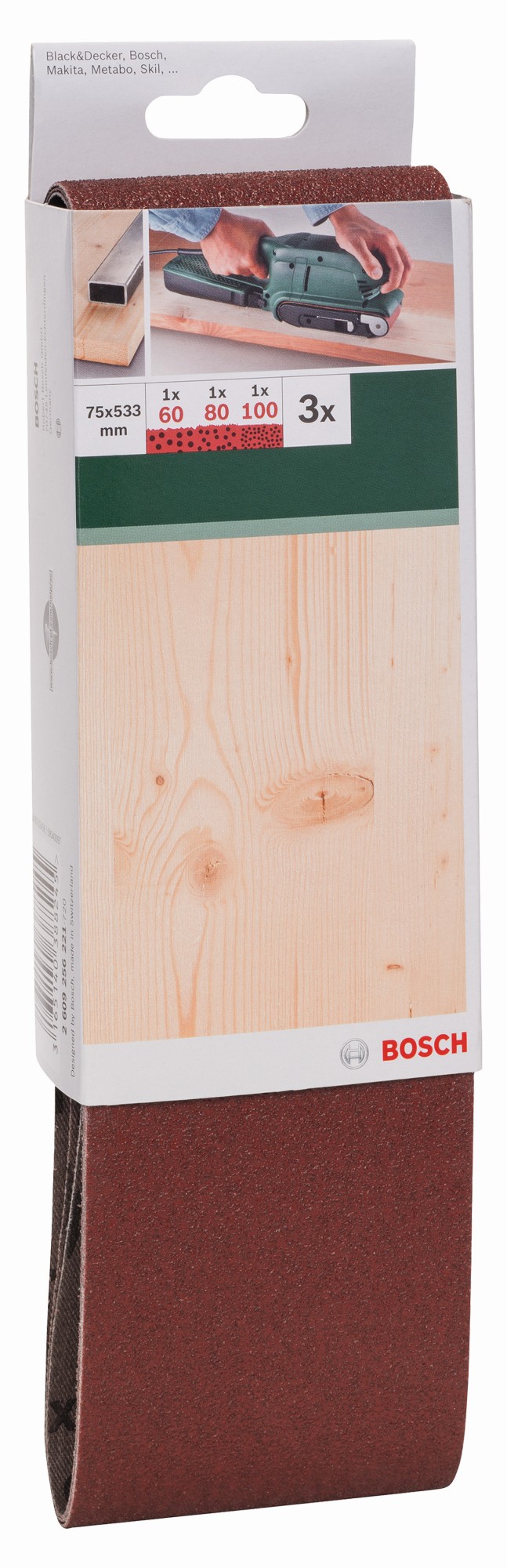 Set de hojas de lija de 3 piezas para lijadora de banda, calidad rojaG = 60, 80, 100