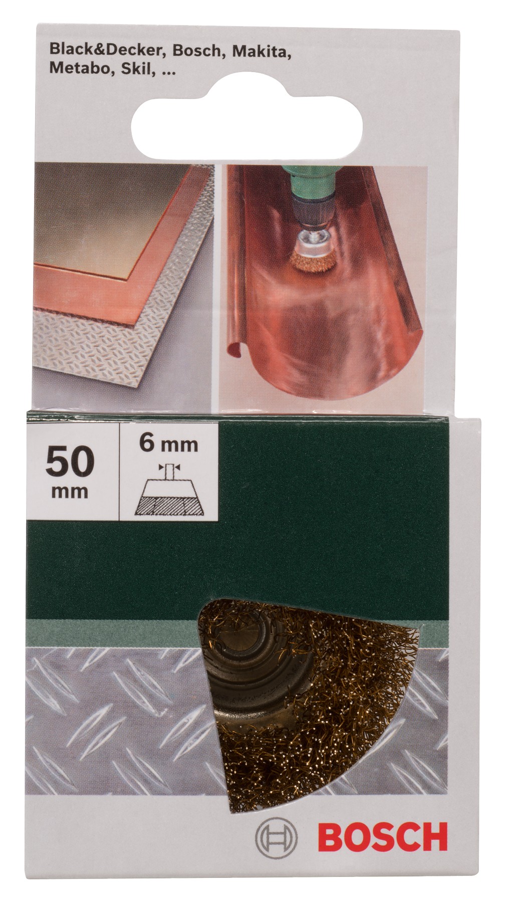 Cepillo de vaso para taladradoras, alambre ondulado, latonado, 50 mm