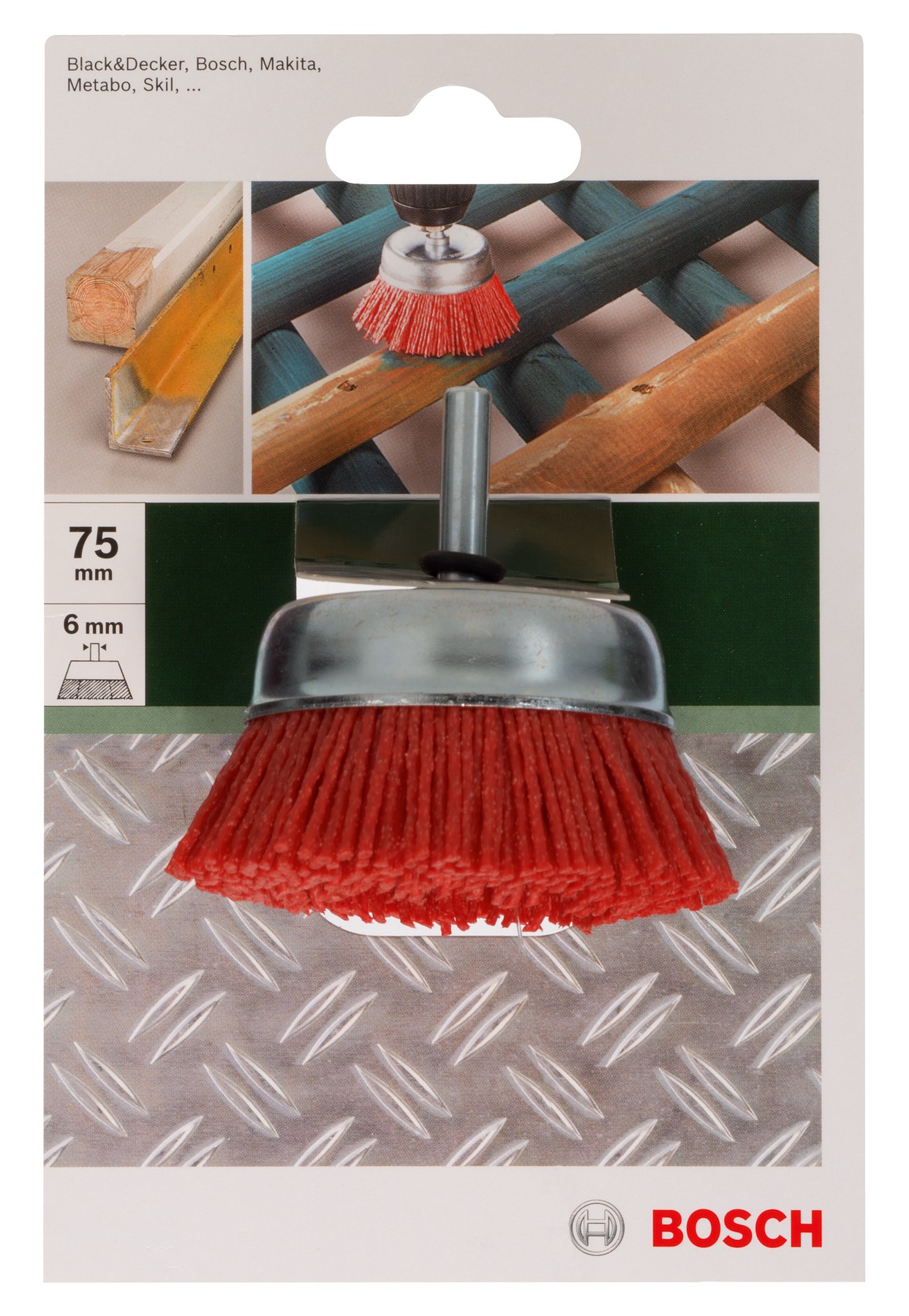 Cepillos de vaso para taladradoras, alambre de nailon con medio de lijado de corindón, grano K80, 75 mm