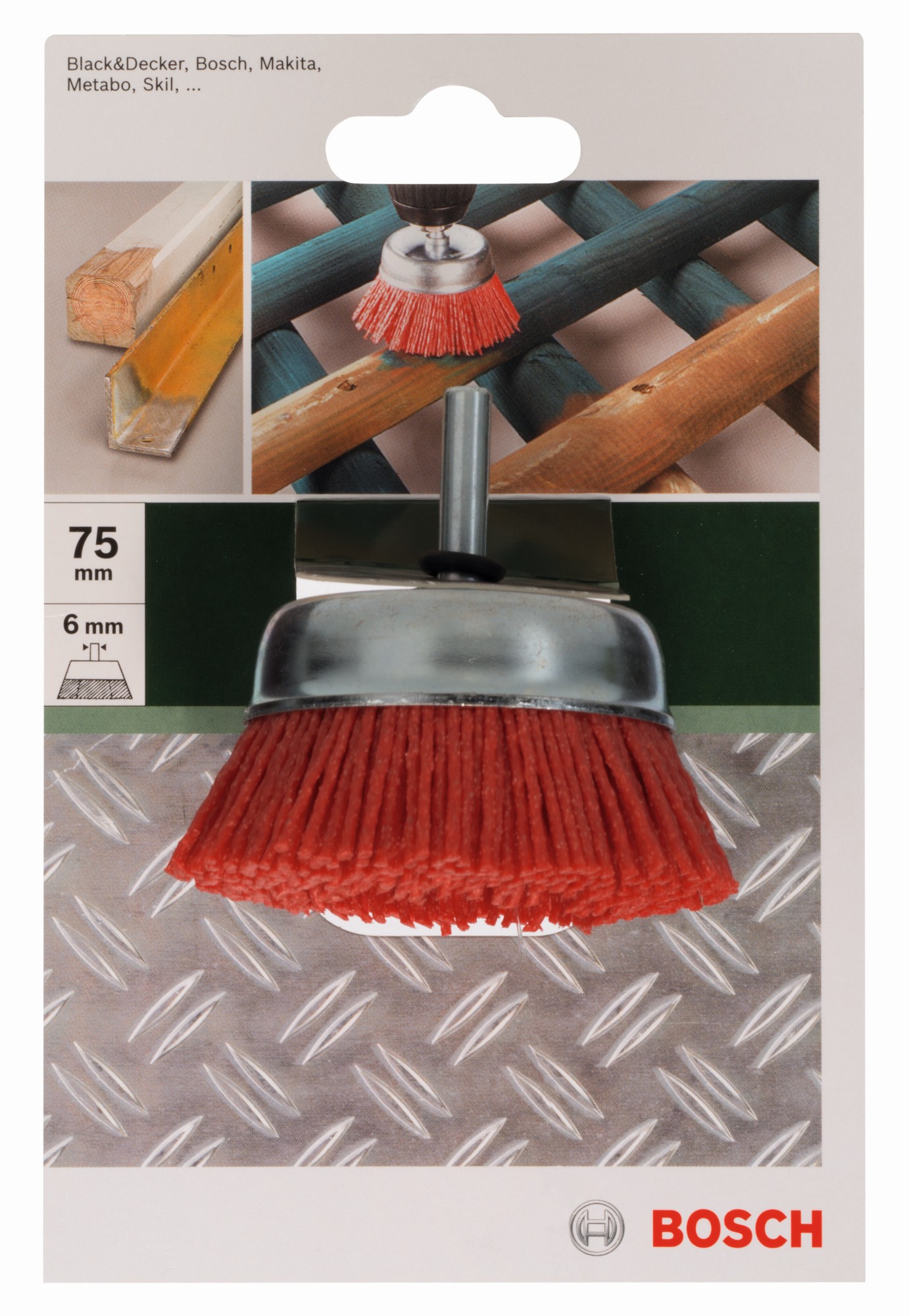 Cepillos de vaso para taladradoras, alambre de nailon con medio de lijado de corindón, grano K80, 75 mm