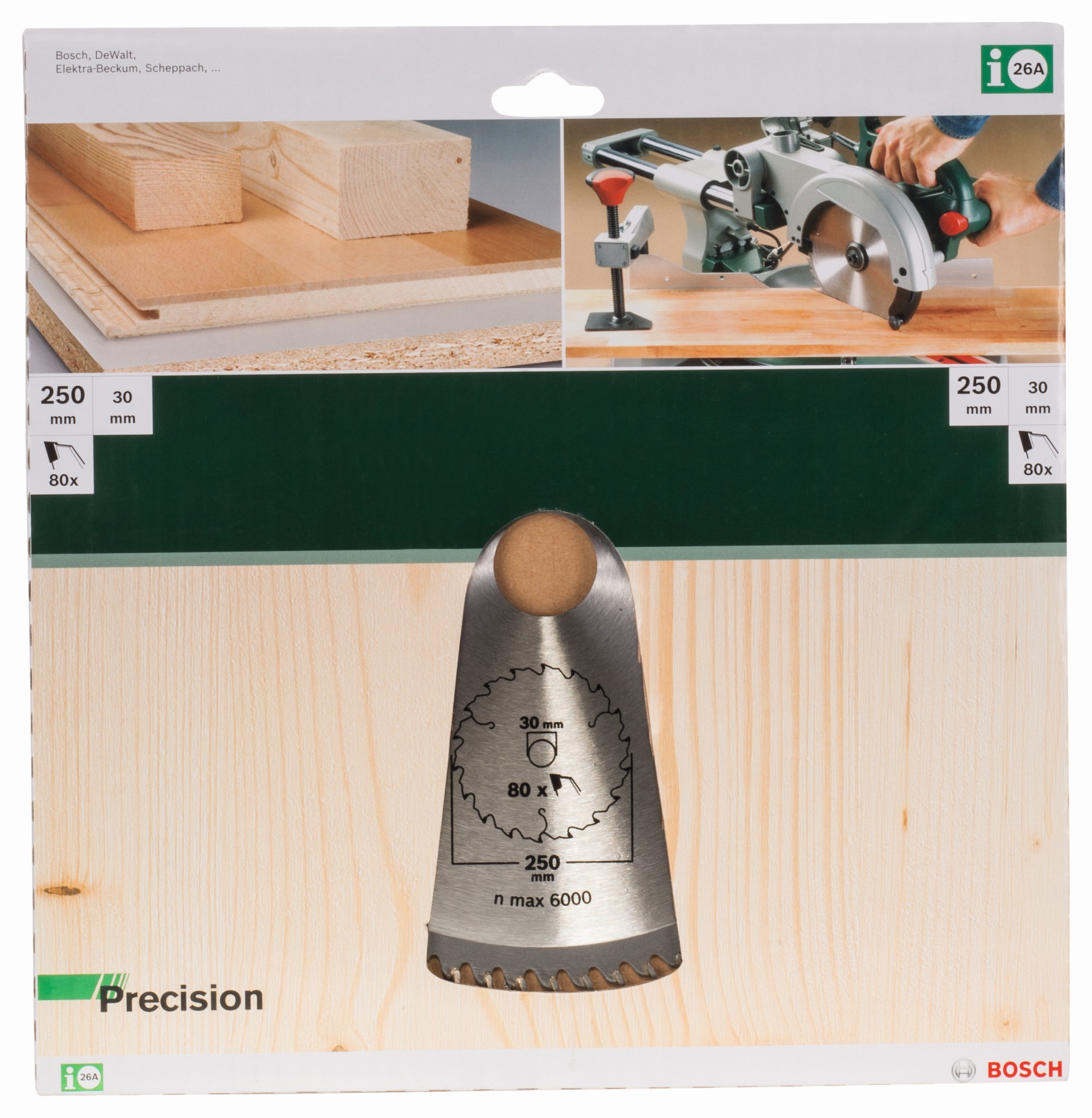 Hoja de sierra circular PRECISIOND = 250 mm; taladro= 30 mm; T = 80